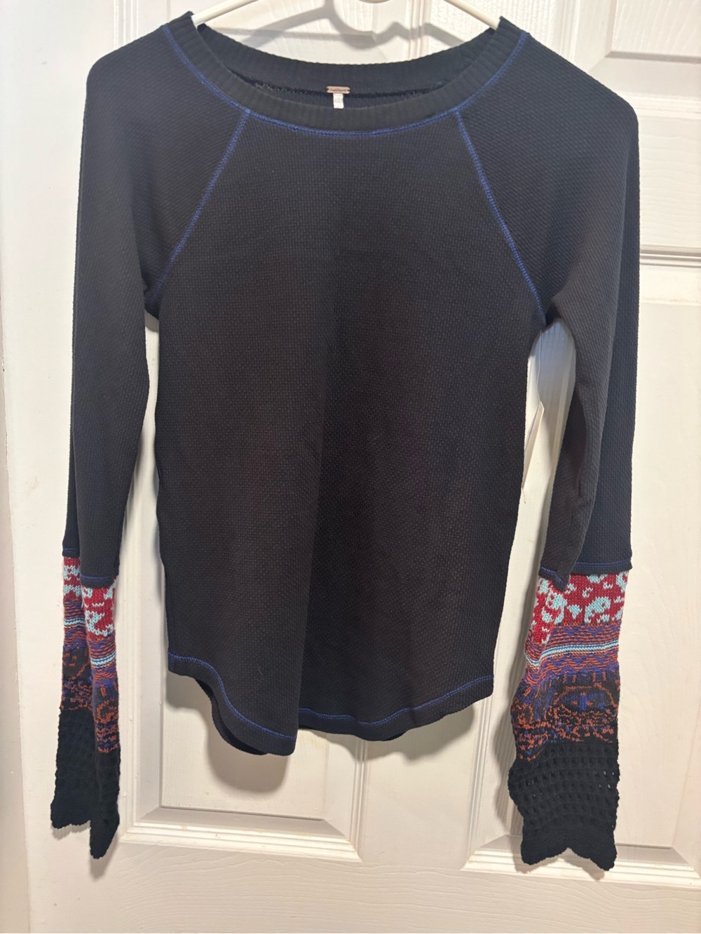Free People Black Long-Sleeve Top with Colorful Patterned Cuffs #NWT